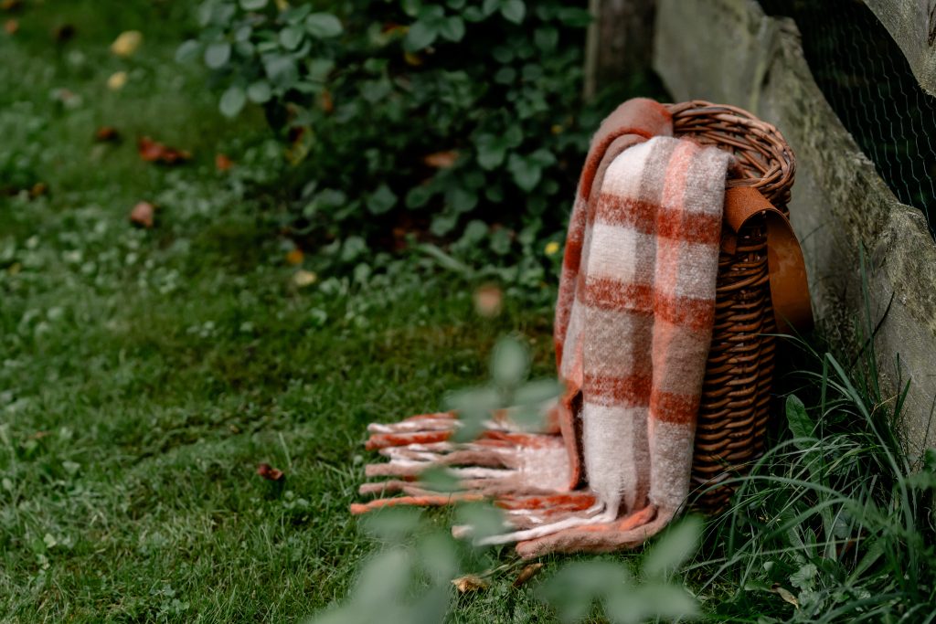 Gem&uuml;tlicher Picknickkorb mit Decke im Garten, Natur, Entspannung, nachhaltiges Leben, Outdoor-Aktivit&auml;ten.