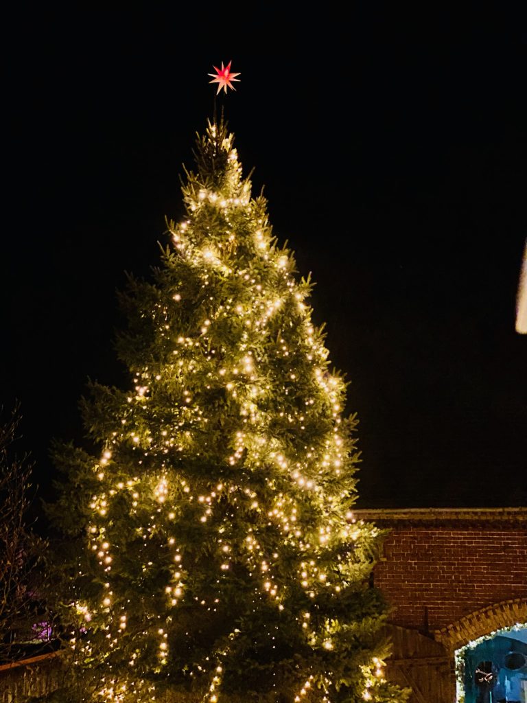 Weihnachtsbaum mit Beleuchtung bei Nacht, traumhafte festliche Atmosph&auml;re.