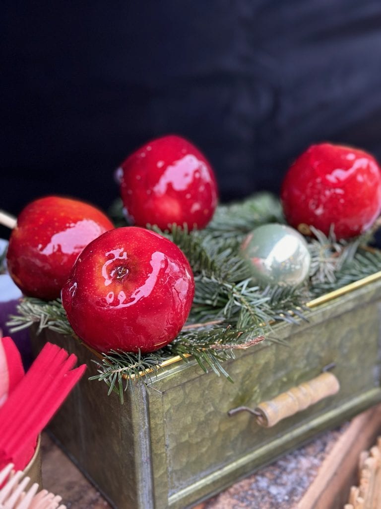 Frischer roter Apfel mit Wassertr&ouml;pfchen, festlich auf Tannengr&uuml;n f&uuml;r gesunde Ern&auml;hrung und Wohlbefinden.