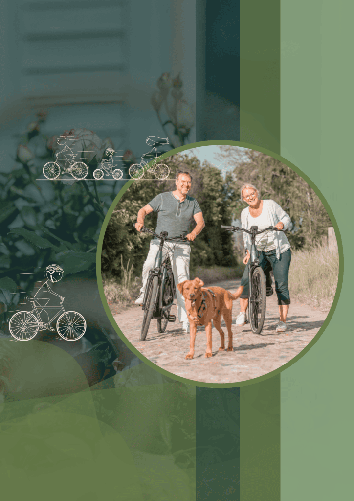 Entspannte Menschen mit Fahrrädern und Hund im Freien, gesundes Leben, Bewegung, Natur.