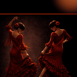 Zwei Flamenco-Tänzerinnen in roten Kleidern bei einem Flamenco-Abend in Berlin.