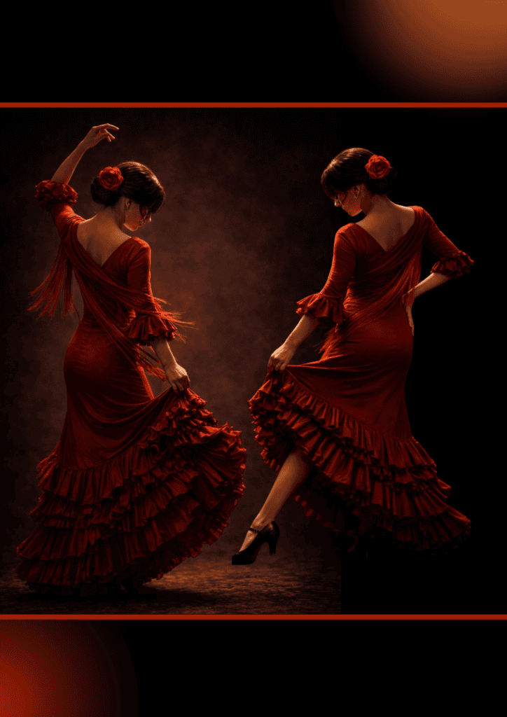 Zwei Flamenco-Tänzerinnen in roten Kleidern bei einem Flamenco-Abend in Berlin.