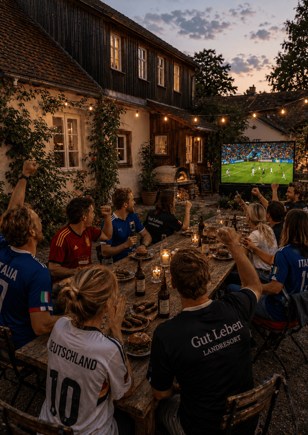 Ein outdoor Fußball-WM Finale mit Freunden bei Gut Leben Berlin, gemütliche Atmosphäre.