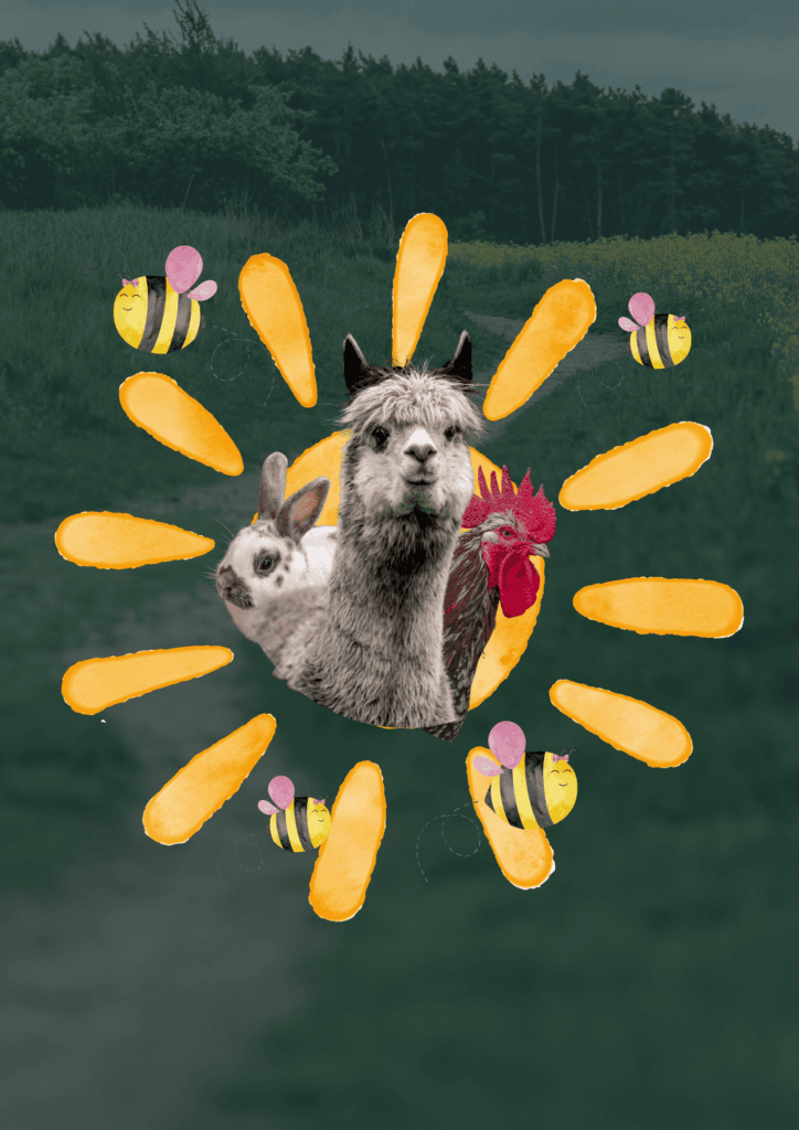 Kinder mit Tieren, Lamas, Kaninchen und Huhn bei Weltkindertag.