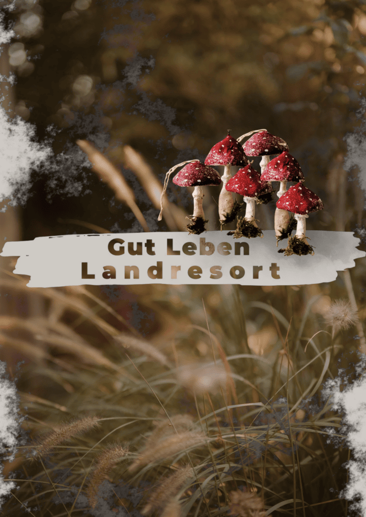 Pilzgruppe mit roten Fliegenpilzen im Wald, Text 'Gut Leben Landresort'.