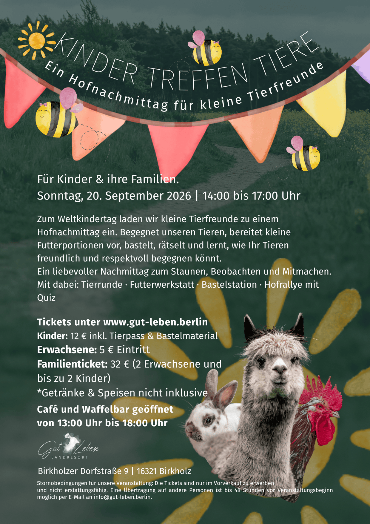 Kinder treffen Tiere beim Weltkindertag am 20. September 2021 in Berlin, mit Tieren und bunten Dekoe.