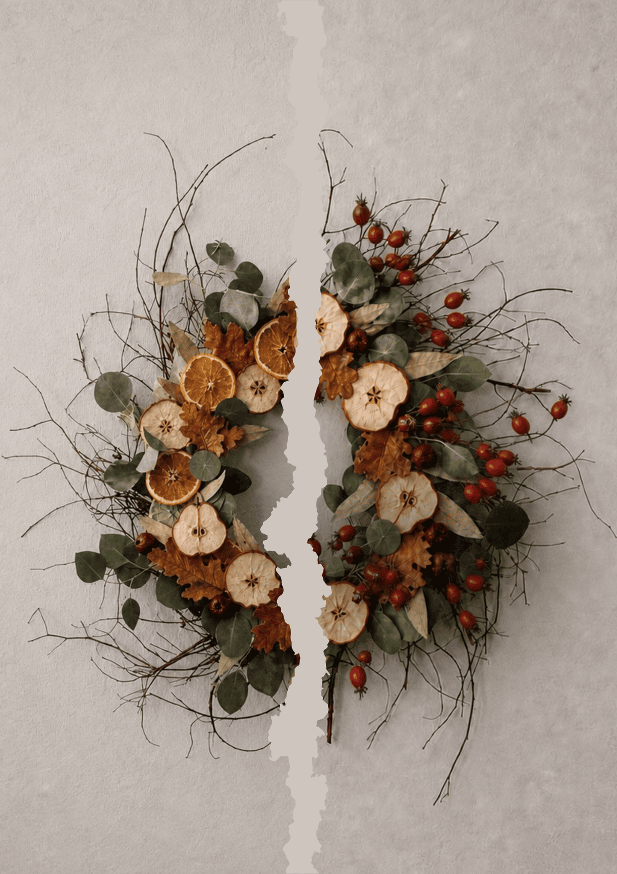Herbstlicher Kranz mit getrockneten Früchten und Beeren für Herbstdekoration.