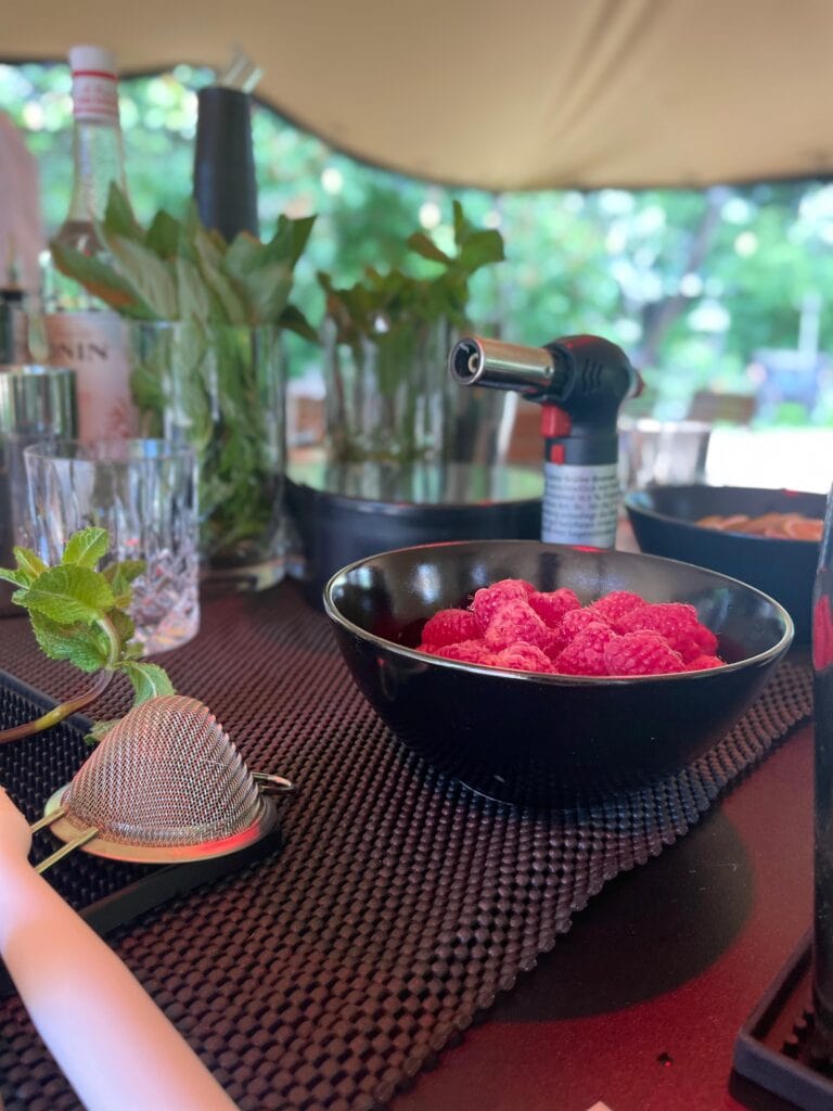 Bunte Beeren und Cocktailzubehör bei einem Workshop im Freien.