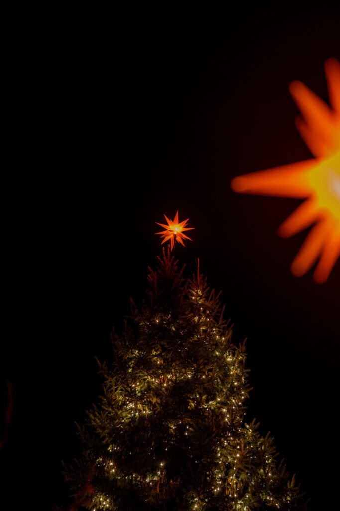 Weihnachtsbaum mit Lichterketten und leuchtenden Sternen am Himmel.